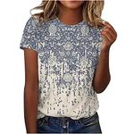 AMhomely Women Vintage Floral Butterfly Printed Crew Neck T Shirt Summer Top Short Sleeve Graphic Tees T-Shirt Tunic Blouse Women Summer T-Shirt Flowy Pullover Shirt Casual Loose Blouse, 10 Navy