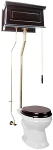Renovators Supply Manufacturing High Tank Pull Chain Toilet With Dark Oak Wooden Raised High Tank 70 In. To 74 In. Adjustable Height Brass L Pipe And Round Toilet Bowl