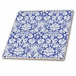 3dRose Royal Blue and White Damask Pattern Elegant Victorian Vintage French Floral Swirls Navy Ceramic Tile, 8"