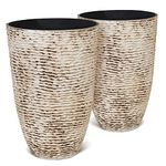 Worth 9 Gallon Tall Round Planters Set of 2-14" Dia x 21" H Stone Finish Flower Pots Indoor Decorative Container Garden Patio Unbreakable Beige