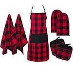 Kaxich Kitchen Apron Set Oven Mitts Pot Holders Set with Kitchen Towels, Heat Resistant Plaid Oven Gloves Tea Towels potholder Apron Set for Cooking, Grilling, Baking, Barbecue (7 Pieces)