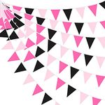 32Ft Hot Pink Black Pennant Banner Black Rose Pink Fabric Triangle Flag Bunting Garland for Birthday Anniversary Bachelorette Wedding Bridal Baby Shower Minnie Mouse Theme Party Decorations Supplies