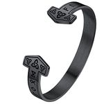 FaithHeart Men's Black Cuff Bangles, Viking Thors Hammer Bracelets Solid Stainless Steel Norse Runes Amulet Bangles, Ajustble Wristband for Him