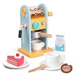 ICEKO Wooden Coffee Machine Toy,11-pcs Toy Kitchen Accessories Set,Kids Play Kitchen Playset with Moving Parts and Realistic Sounds,Ideal for Cafe Shop Role-Play