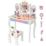 HONEY JOY Kids Vanity, Wooden Toddler Makeup Dressing Table with Stool, 3 Drawers & 2 Removable Holders, Tri-Fold Oval Mirror, Pretend Play Vanity Set w/Fashion & Makeup Accessories for Girls (White)