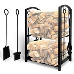 Grandhom Firewood Rack with 4pcs Fireplace Tools Set,Wood Rack Lumber Rack Indoor Outdoor,Firewood Storage Log Holder for Fireplace and Wood Stove,Black,45x30x75cm