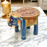 Vintage Clock Animals Themed Wood Elephant Table Cum Stool Rajasthani Art, 8 inch, Multicolour