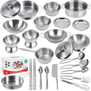 Classic Stainless Steel Kitchen Toys Cooking Utensils Set-Pretend Play Pots Pans Toy Cookware Kits for Kids Cooking Utensil Set Interactive Learning Role Play Educational Toys for Toddlers Mini Size