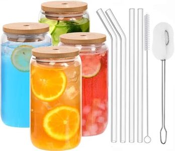 ALINK 16 oz Beer Can Glass Cups with Bamboo Lids and Glass Straws,Drinking Water Glasses Set, Glass Tumbler for Iced Coffee Glasses, Ideal for Whiskey, Soda, Wine, Cocktail