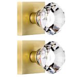 HIEMEY 2 Pack Satin Brass Dummy Door Knob Set, Clear Glass Crystal Inactive Door Knobs Interior, Hall and Closet Square Gold Door Knobs, Diamond Shape Door Knobs Kit BS-009