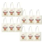 Custom Touch Poly Cotton Canvas Merry Christmas Reindeer (Pack Of 12) Tote Party Bags For Christmas Stocking, Xmas Santa Gift Bags For Kids, Christmas Party Bags For Kids,White