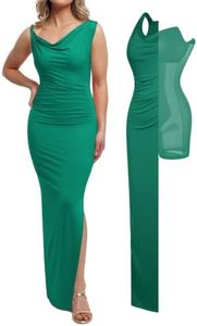 Popilush Formal Dresses for Women - Shapewear Cowl Neck Maxi Ruched Bodycon Gowns with Slit - Prom Dress for Wedding Guest Green