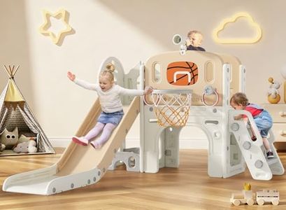BIERUM 9 in 1 Toddler Slide, Kid Slide for Toddlers Age 1-3 with Ring Toss, Basketball Hoop and Telescope, Indoor Outdoor Slide Toddler Playset Toddler Playground Beige Coffee