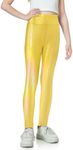 Gnainach Girls Metallic Leggings High Waisted Kids Yoga Pants Stretch Shiny Running Dance Tights for Teen School Workout, Holographic Gold, 8-9 Years