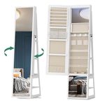 Hzuaneri 16 LEDs Jewelry Cabinet Armoire, 63"H Standing Jewelry Organizer with 360° Rotating Base, Lockable Full-length Mirror, 4-tier Storage Shelves, 4-in-1 design, White and Beige JC16003BE