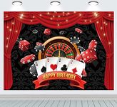 Las Vegas Casino Themed Happy Birthday Backdrop Casino Carnival Night Party Banner Playing Cards Dice Red Curtain Photography Background (7x5FT)