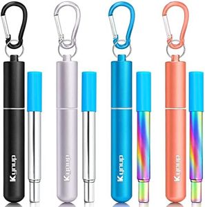 Kynup Reusable Straws, 4Pack Collapsible Portable Metal Straw Reusable Foldable Stainless Steel Drinking Travel Telescopic Straw with Case, Clean Brush, Keychain Gifts (Blue-Black- Rose Gold-Silver)