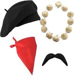 FRENCH SET AND KIT BLACK BERET RED BANDANA GARLIC RINGS AND BLACK MOUSTACHE FANCY DRESS ACCESSORIES - FRENCH FANCY DRESS COSTUME KIT FRENCH ARTIST FRENCH PAINTER SET COSTUME KIT