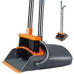 Kelamayi Rubber Super Long Handle Lobby Brooms, Self-Cleaning Broom And Dustpan Set With Dust Pan Teeth For Home, Kitchen And Office Use (Grey And Orange), Hard_floor