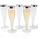 24 Plastic Champagne Flutes Disposable | Silver Glitter Plastic Champagne Glasses for Parties | Silver Plastic Cups | Plastic Toasting Glasses | Wedding, Cocktail, Easter, Super Bowl Party Supplies