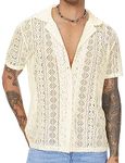 Mens Lace Shirt Short Sleeve Floral Sheer Button Down Holiday Hollow Out See Through Shirt Loose Casual Shirts Cuban Camp Guayabera Beach Tops Beige XS