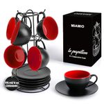 MIAMIO - Set of 6, Ceramic Stackable Cappuccino Cups Set / 175 ml Cappuccino Mugs and Saucer with Metal Stand for Coffee Drinks, Cappuccino, Latte, Americano and Tea - Le Papillon Collection (Red)