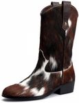 XOBZJH Women's Western Cowboy Boots – Genuine Tricolor Cowhide Leather Tall Cowgirl Boots, Mid-Calf Western Brown Boots for Women, Festival & Fall Fashion