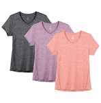 icyzone Women's Workout Running T-Shirt Yoga Fitness V-Neck Short-Sleeve Tops Sports Shirt, 3 Pack (M, Charcoal/Lavender/Peach)