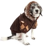 PET LIFE Designer Fashion Argyle Suede Pet Dog Coat Jacket Parka Sweater w/ 3M Insulation and Removable Hood, Small, Brown