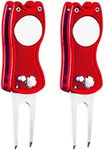 FINGER TEN Golf Divot Repair Tool and 3 US Ball Markers Switchblade Gift Pack, Foldable Magnetic Stainless Steel with Pop-up Button for Men Women (Red 2Pcs)