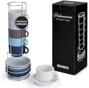 MIAMIO - 6 x 75 ml Stoneware Espresso Mug, Cup Set Modern with Stand and Saucers - Palmanova Collection (Ocean Blue)