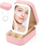 CRENTROVA 3 Adjustable Color LED Travel Jewelry Case and Makeup Bag with Mirror, Dust-Proof Jewelry Box,Compact Waterproof Cosmetic Mirror Case for Women,Girls Travel Essentials,PU Leather (Pink)