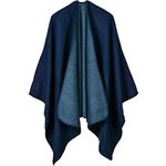 Lifetooler Women Poncho Cape Open Front Spring Cardigan Lady Reversible Free Size Cape Printed Oversized Warm Wraps Checked Knitted Tartan Blanket Bohemia Long Geometric Pattern Shawl (Navy Blue)