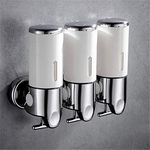 Triple Manual Shower Dispensers Wall Mount Damage Free, 3x 500ml Shampoo Body Wash and Conditioner Soap Dispensers for Bathroom Home Hotel T-Bar Metal Pump 3 Chamber,White