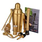 Oak & Steel - 10 Piece Premium Stainless Steel Cocktail Making Gift Set - Recipe Book, Shaker, Strainer, Muddler, Double Jigger & Pourers for Home and Bar Party, Bartender Tool Kit (Gold)