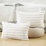 MADIZZ Set of 2 Faux Fur Plush Decorative Throw Pillow Covers 12x20 Inch Cream Fluffy Striped Soft Decorative Cushion Cover for Sofa Bedroom Pillow Shell