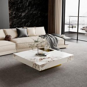 Modern Coffee Table for Living Room, 43.31" Large Square Living Room Table Sintered Stone Tabletop with Gold Stainless Steel Legs, Center Table for Home Office