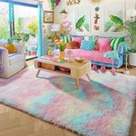 Rainbow Fluffy Rugs for Girls Bedroom, 4x6 Rug, Unicorn Room Decor,Pastel Area Rug for Kids, Shag Carpet for Nursery, Soft Play Mat for Baby, Fuzzy Rug for Living Room, Plush Throw Rug for Playroom