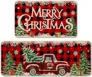 cusugbaso Christmas Kitchen Mats for Floor, Christmas Kitchen Rugs Set of 2 - Farmhouse Truck Red Buffalo Plaid Christmas Kitchen Decor - Christmas Decorations for Bathroom,Home,Indoor 17"x27+17"x47"