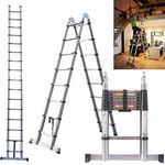 5m Telescopic Ladders EN131 Standards with Stabiliser, 2.5m+2.5m A Frame Telescopic Multi Purpose Combination Step Ladder, Extension Ladders Extendable Folding Garden Loft Ladder for Window Cleaning