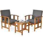 RELAX4LIFE 3 Pieces Outdoor Bistro Set, Acacia Wood Garden Conversation Furniture Set with Slatted Tabletop & Cushions, Patio Conservatory Table and Chairs Set for Balcony Backyard Poolside Porch