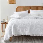 HORIMOTE HOME White Ruffled Quilt Queen Size, Stone-Washed Microfiber Lightweight Crinkled Farmhouse Rustic Shabby Chic Bedding Set, 3 Pieces Reversible Bedspread with Pillow Shams for All Season