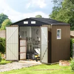 MistMo 8X6FT Outdoor Steel Storage Shed with Lockable Doors, One Big Window,Ideal for Garden, Backyard, Patio Storage,Brown