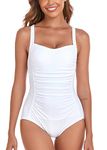 Joweechy Swimming Costume Women Tummy Control One Piece Swimsuits Retro Ruched Swimwear Bathing Suit Bikini Plus Size Ya#White,M