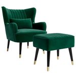 Vesgantti Velvet Armchair with Footstool and Lumbar Pillow, Modern Wing Back Accent Chair with Ottoman, Large Occasional Chair for Living Room Bedroom Study Room Office(Green)