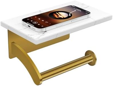 FORIOUS Toilet Paper Holder with Phone Shelf, Natural Marble Wall Mount Tissue Roll Holder for Bathroom, Washroom, 304 Stainless Steel Commercial Toilet Tissue Dispensers with Shelf, Brushed Gold