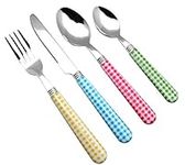 EXZACT Cutlery Set 24pcs Stainless Steel with Gingham Check Coloured Handles - 6 x Forks, 6 x Dinner Knives, 6 x Table Spoons, 6 x Tea Spoons (Mixed Color x 24 pcs)