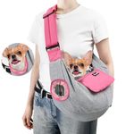 Eyein Dog Slings for Small Dogs, Up to 8lbs Hand Free Adjustable Pet Puppy Sling Carrier with Window & Storage Pocket, Soft Comfortable Dog Cat Carry Bag with Safety Leash for Walking Outdoor(Pink,S)