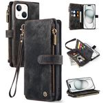 Vofolen for iPhone 15 Case PU Leather Wallet Case for Women Men with 9 Credit Card Holder Hand Wristlet Flip Case Zipper Magnetic Closure RFID Blocking Protective Cover for iPhone 15 Phone Case-Black