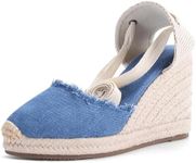 U-lite Womens Espadrille Wedge Sandals Closed Toe Platform Lace Up Ankle Strap Slingback Summer Dress Shoes, Dark Denim Canvas-3", 6.5 UK